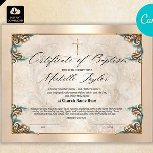 Certificado de Bautismo Editable para la Iglesia, Certificado de Bautismo, CAN 061