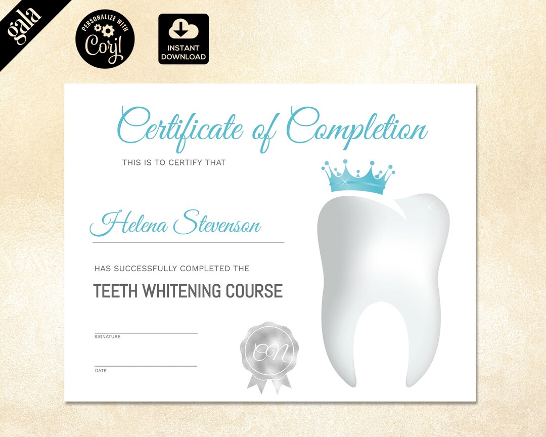 Certificate of Completion Teeth Whitening Certificate Etsy