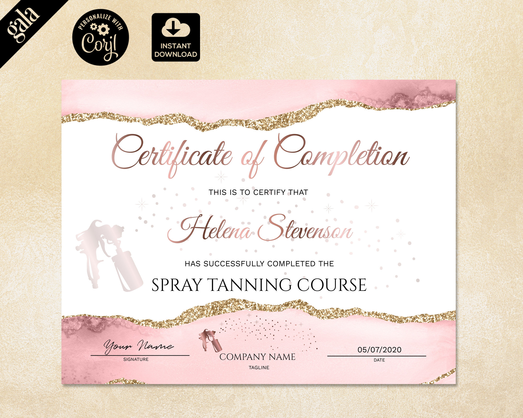 Certificate of Completion Spray Tanning Certificate Template Etsy