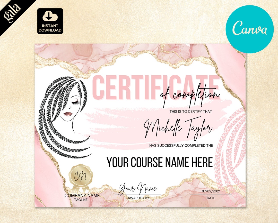 Braiding Certificate of Completion: Hair Braiding Course Canva Template