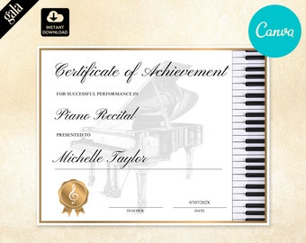 Editable  Piano Recital Certificate of Achievement, Music Certificate,  8.5x11" 005