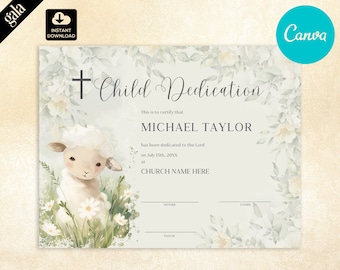 Child Dedication Certificate Template of Church Baptism with a Lamb, Baby Dedication Gift, Christening Printable Baptism Certificate CAN 048