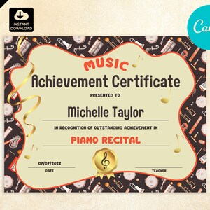 Certificate of Achievement for Music Recital,  Printable Music Festival Certificate for Piano Violin or Any Instrument Teachers, 019
