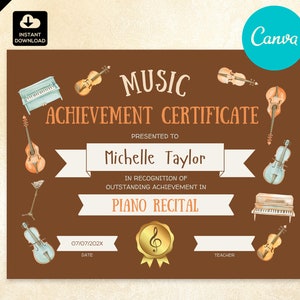 Printable Music Achievement Certificate,  Music Festival Certificate for Piano Violin or Any Instrument Teachers, 016