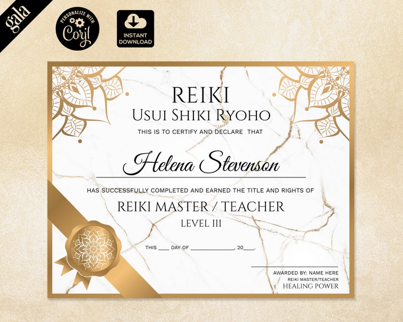 Reiki Certificate Printable Yoga teacher Mandala 006 Reiki Certificate Template