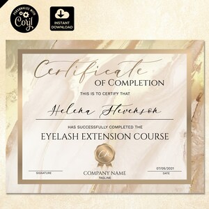Certificate of Completion, Lashes Certificate Template,  Blush Pink Printable Certificate, Lash Extension Instant Download, Gold 170