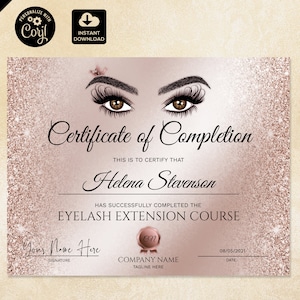 Certificate of Completion, Lashes Certificate Template,  Rose Gold Printable Certificate, Lash Extension Instant Download, certificate 140