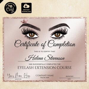 Certificate of Completion, Lashes Certificate Template,  Rose Gold Printable Certificate, Lash Extension Instant Download, certificate 124