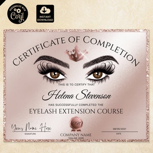 eyelash extension certificate of completion, Lashes Certificate Template,  Rose Gold Printable Certificate, Lashes Instant Download, 144
