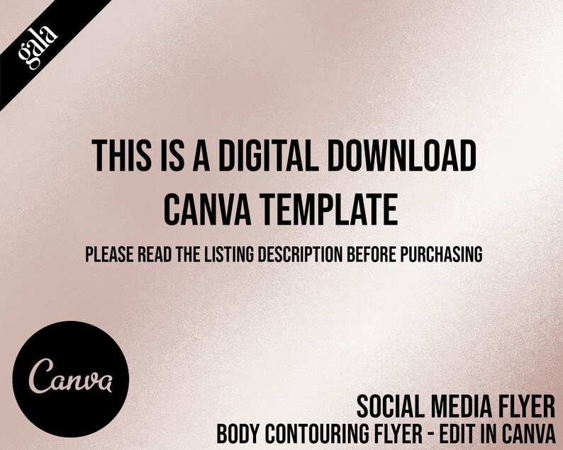 May include: A digital download Canva template with the text "THIS IS A DIGITAL DOWNLOAD CANVA TEMPLATE" in black. The image also includes the text "PLEASE READ THE LISTING DESCRIPTION BEFORE PURCHASING". A black circle with the Canva logo is in the lower left corner.