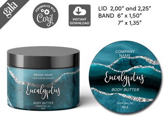 Wrap Around Body Butter Label Template,  Body Butter Label, Candle Jar Label, Body Product Label, Lotions, Circle Lid Jar Label, Silver 013c