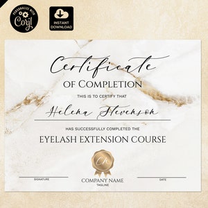 Certificate of Completion, Certificate Template,  Gold  Lashes  Printable Certificate, Course certificate, Lash Extension course 117