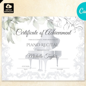 Music Certificate of Achievement for Piano Recital, Canva Template 8.5x11&quot; 013