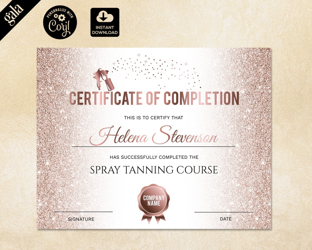 Certificate of Completion, Spray Tanning Certificate Template, Rose