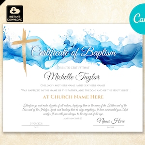 Plantilla de certificado de bautismo, certificado de bautismo en agua, certificado de bautismo en agua minimalista moderno CAN 029