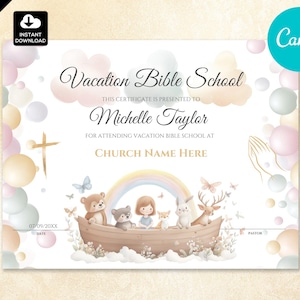 VBS Certificate | Cute Vacation Bible School Certificate of Completion | VBS Summer Camp Certificate | Canva Template Instant Download 005