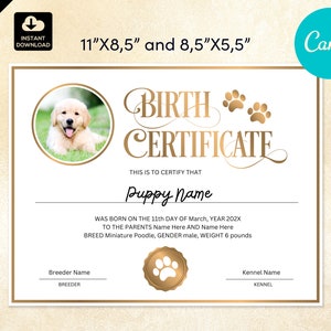 Geboorteakte puppy met foto of pootafdruk
