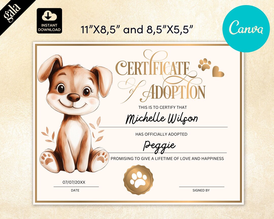 Dog or Puppy Adoption Certificate Editable Printable Canva Template ...