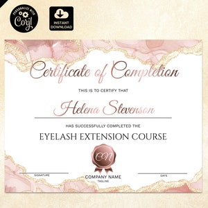 Certificate of Completion, Lashes Certificate Template,  Blush Pink Printable Certificate, Lash Extension Instant Download, certificate 182