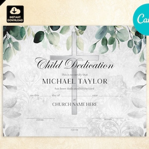 Plantilla de certificado de dedicación de niño de plata de bautismo de la iglesia, regalo de dedicación de bebé, certificado de bautismo imprimible de bautizo CAN 050