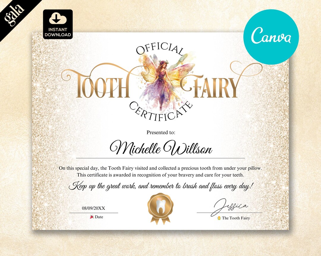 Printable Tooth Fairy Certificate Template for Girls Lost Tooth 002 - Etsy