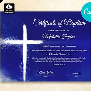 Water Baptism Certificate Template | Christian Church Printable | Religious Keepsake | Canva Editable Digital Download can072