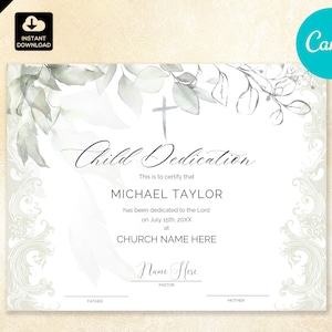 Plantilla de certificado de dedicación infantil elegante y verde - Diseño personalizable de Canva DIY CAN 044
