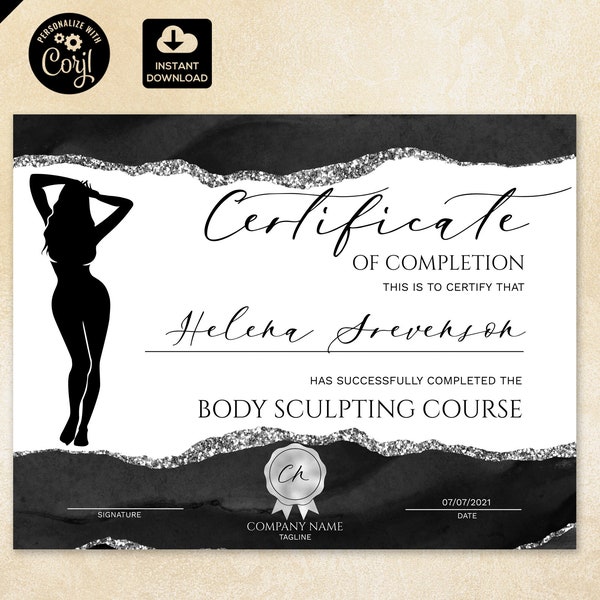 Body Sculpting Certificate of Completion, fitness certificate, Yoga Template,  black and white Printable Instant Download, 116