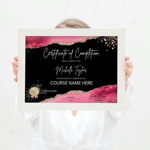 lashes beauty certificate printed on paper, pink and gold Canva template shown in flat lay with makeup tools and elegant feminine style