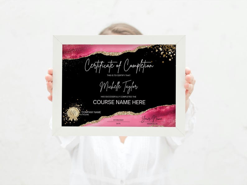 lashes beauty certificate printed on paper, pink and gold Canva template shown in flat lay with makeup tools and elegant feminine style