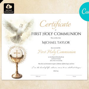 Plantilla editable de certificado de Primera Comunión con una paloma (imprimible en Canva) / Certificado de la Iglesia Católica para niños y niñas (CAN070)