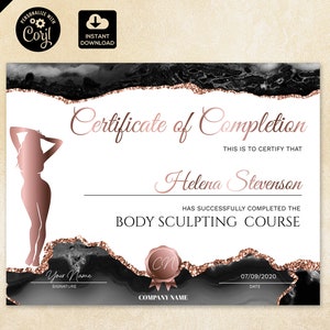Body Sculpting Certificate of Completion, fitness certificate, Yoga Template,  Body Contouring Instant Download, Blush Pink agate 094