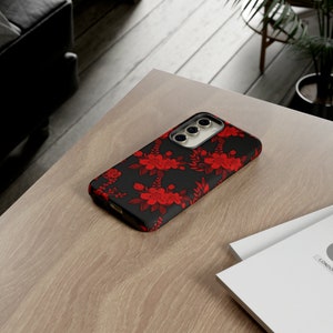 Cute Phone Case | Aesthetic Phone Case | For Samsung Galaxy S23, S22, S21, S20 | Red Black Flowers, Protective Phone Case