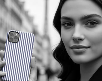 Tough Premium Navy Blue Stripes Phone Case Gift for Her - For Apple iPhone 16 Pro Max 16e iPhone 15 Pro iPhone Iphone 14 Plus 13 Pro 12 SE