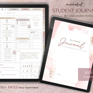 Puede incluir: Un planificador digital con un diseño de acuarela rosa y dorado. La portada dice "Mi diario académico" y "Año académico 2023-2024". El planificador es para estudiantes e incluye más de 650 páginas.