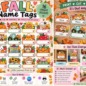 Redigerbara namnetiketter för höstklassrummet: Pumpa, Fågelskrämma, Solrosdesigner (Canva-mall).