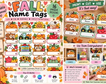 Editable Fall Classroom Name Tags: Pumpkin, Scarecrow, Sunflower Designs (Canva Template) .