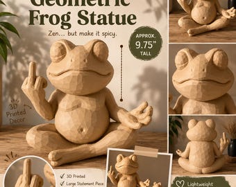 May include: A tan, 3D-printed geometric frog statue in a seated meditation pose with one hand raised in a middle finger gesture. The statue features a faceted surface texture and is labelled as approximately 24.77 cm tall in the image text.