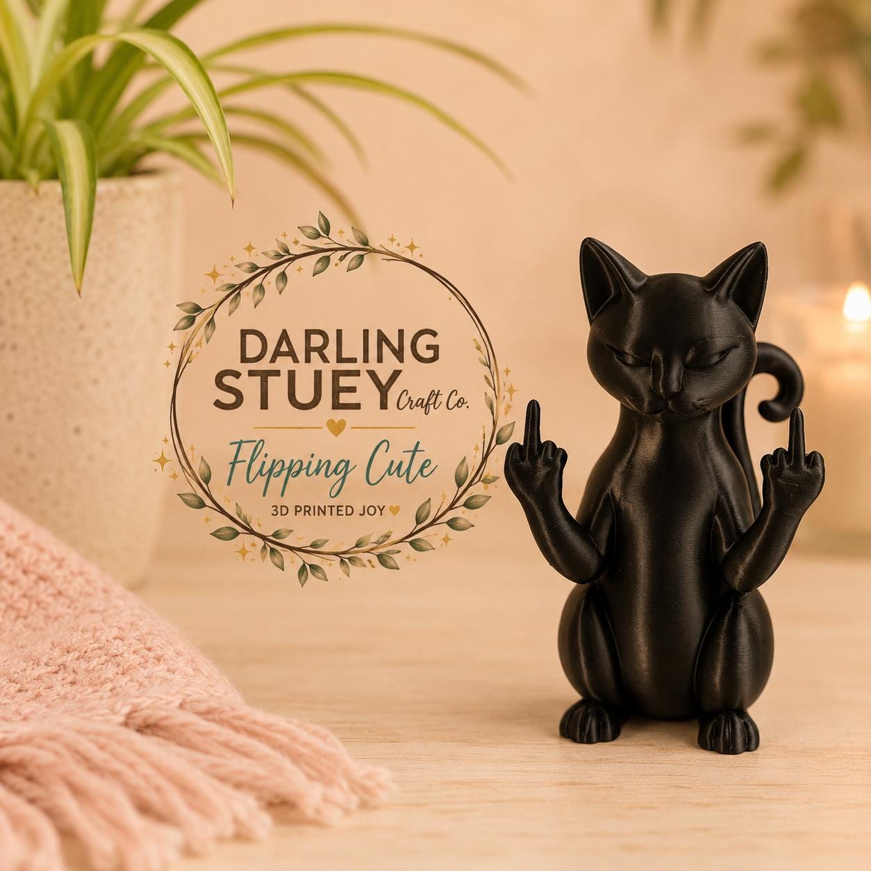 Sassy Black Cat Figurine • Middle Finger Cat Statue • Funny Desk