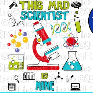 Mad Scientist Is Nine PNG, 9th Birthday, Birthday Shirt PNG, Cricut Explore, Print and Cut, Digital Download, Sublimation Printing, PNG File
