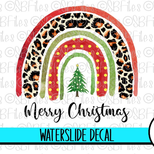 Christmas Tree Boho Rainbow Water Slide Decal, Leopard Print, Ceramic Decal, Christmas Decoration, Cup Decal, Tumbler Decal Waterslide Image