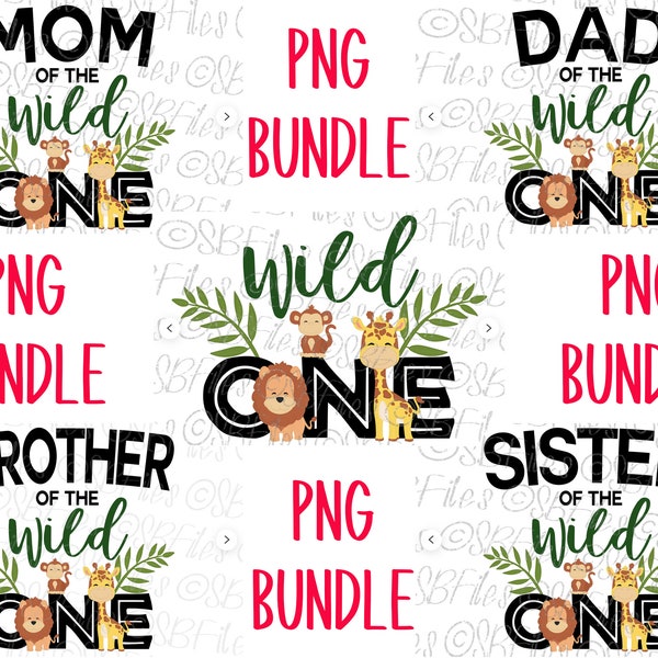 Wild One Family Birthday Bundle 5 PNG Files, Print Then Cut Cricut Silhouette, Digital Download, DIY Sublimation Print, Jungle Safari Animal