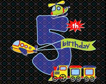 5th Birthday PNG, Helicopter Birthday, Plane Birthday, Train Birthday, Instant Download, Sublimation PNG, Airplane Party, Transportation PNG