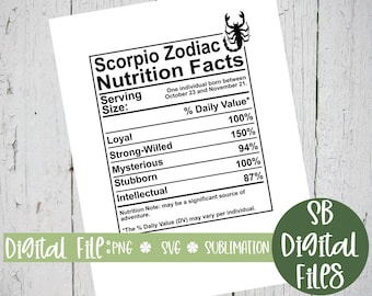 Información nutricional de Escorpio (SVG), Regalo de cumpleaños del zodiaco, Camiseta del zodiaco, SVG del zodiaco, Taza del zodiaco, Horóscopo (SVG), Signo del zodiaco (SVG), Archivos PNG de astrología