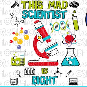 Mad Scientist Is Eight PNG, 8º aniversário, camisa de aniversário, Cricut Explore, Imprimir e Cortar, Impressão por Sublimação, Silhouette Cameo, Arquivo Digital