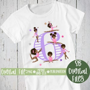 Afro Girl Gymnast Png Download, 6.Geburtstag Shirt Mädchen, sechs Jahre alt, Sublimationsdatei, Sublimations-Download-Datei, Gymnastik-Shirt-Design