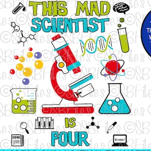 Mad Scientist Is Four PNG, 4º aniversário, camisa de aniversário, Cricut Explore, impressão e corte, impressão por sublimação, silhueta cameo, arquivo digital