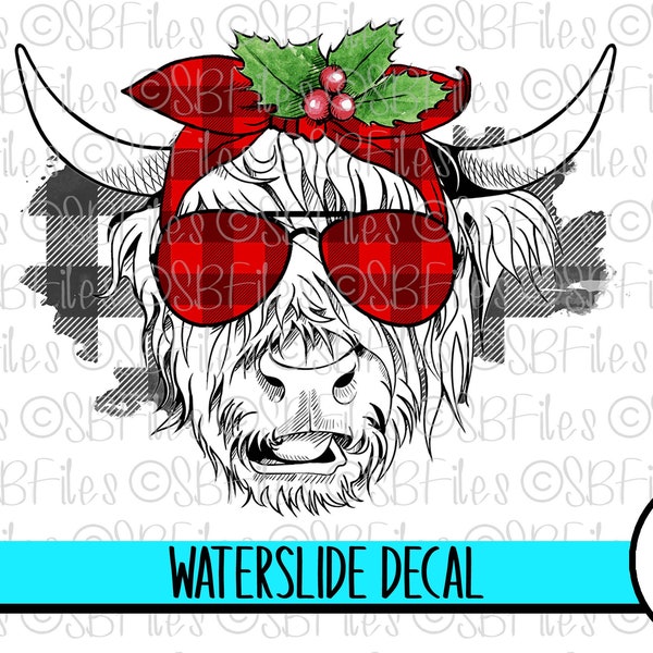 Scottish Highland Cow Water Slide Decal, Country Christmas Ceramic Decal, Christmas Decoration, Cup Decal, Tumbler Decal Waterslide Images