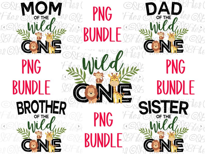 Wild One Familie Geburtstag Bundle 5 PNG-Dateien, Drucken dann Cricut Silhouette, digitaler Download, DIY Sublimationsdruck, Dschungel Safari Tier Bild 1