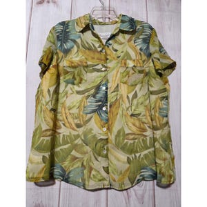 Tanjay Women Green Tropical Leaf Chiffon Button Down Shirt Short Sleeve Size 14